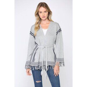 Gray and Blue Tribal Pattern Fringe Cardigan